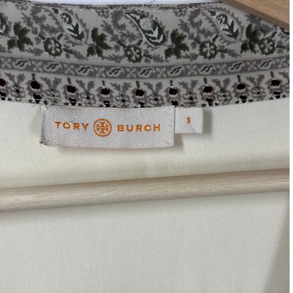 Tory Burch Silk Peasant Blouse Top Ivory Chiffon Size S Batik Trim Boho Designer - Picture 6 of 16